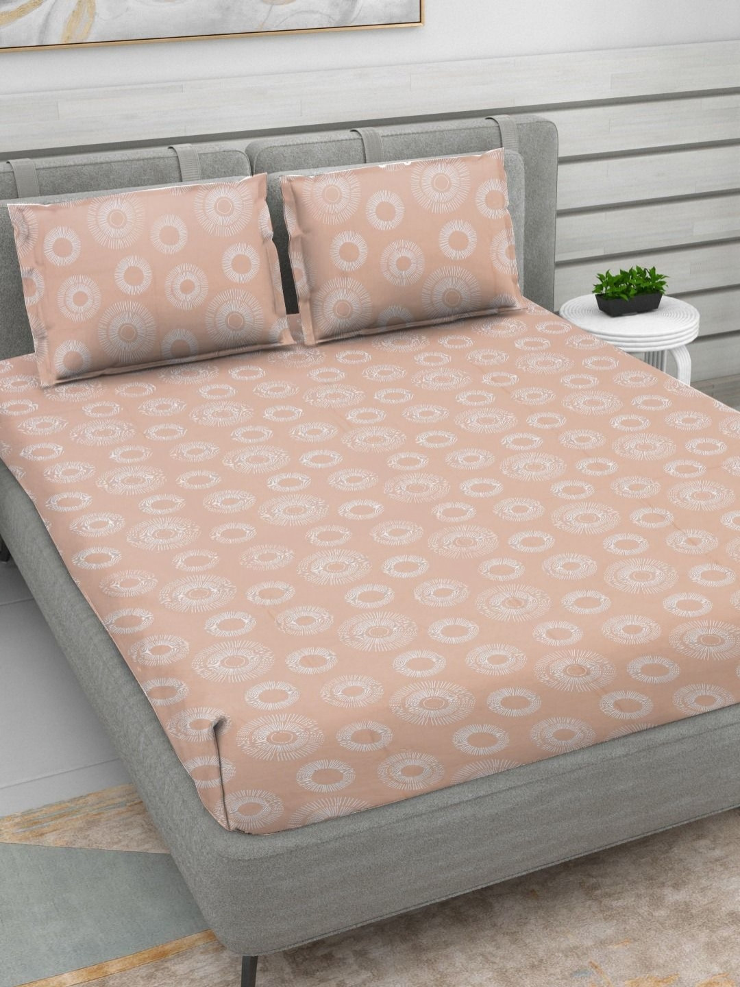Myntra Elegant Homes Peach Graphic Cotton 160 TC Double Bedsheet with 2 Pillow Covers-108 x 108 inches
