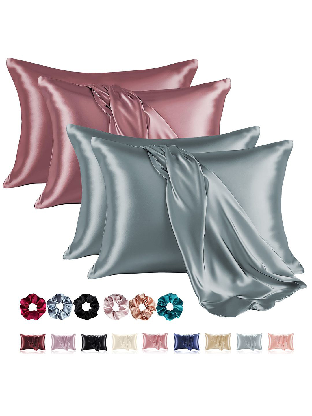 Kuber Industries Grey & Rose 4 Pieces Satin Rectangle Pillow Covers with 3 Scrunchies