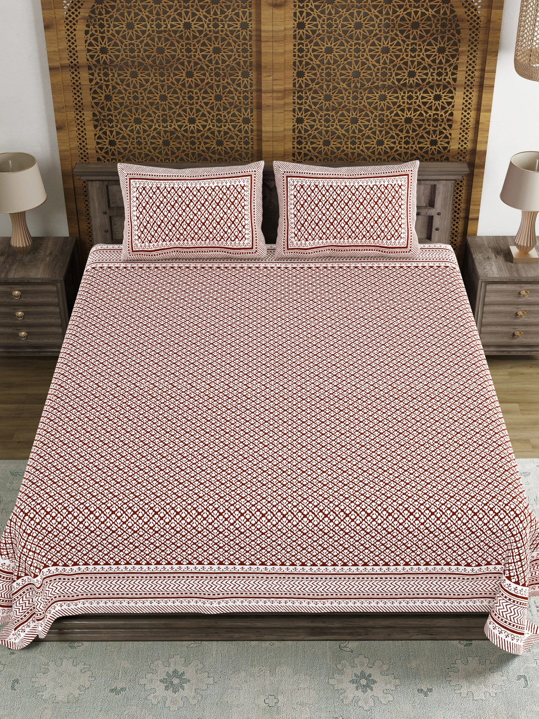 Myntra Elegant Homes Red Geometric Cotton 210 TC King Fine Bedsheet with 2 Pillow Covers-104 x 104 inches