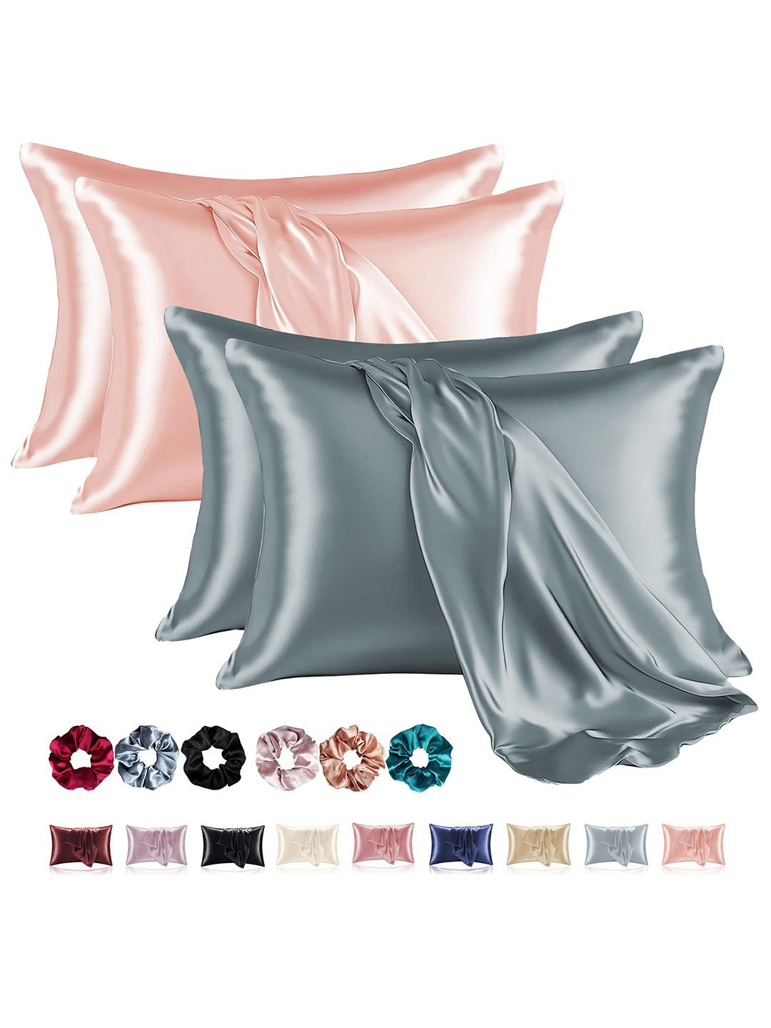 Kuber Industries Grey & Pink 4 Pieces Pure Silk Rectangle Pillow Covers with 3 Scrunchies