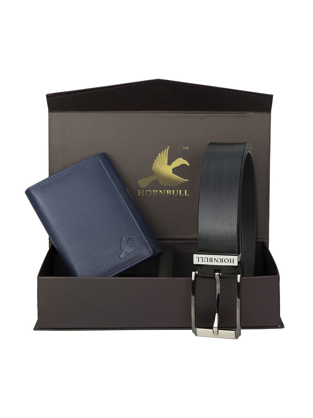 Hornbull Three Fold Leather RFID Safety Navy Wallet & Black Belt Accessory Gift Set