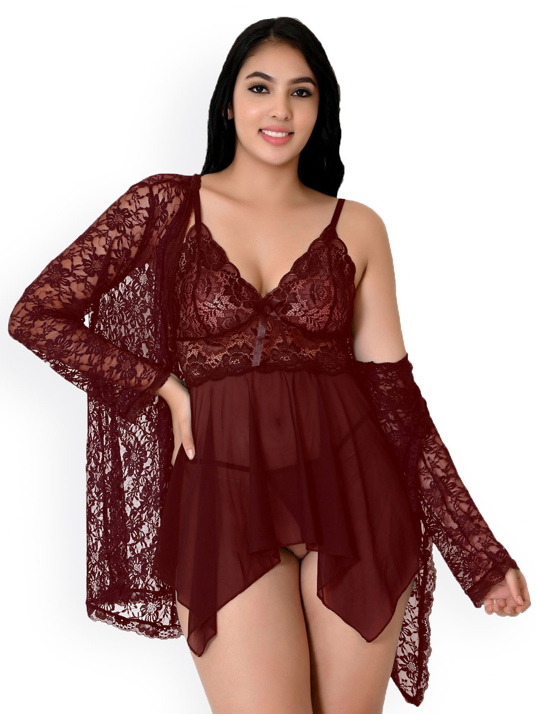 chia fashions Net Self Design Baby Doll Comes With Robe And Briefs