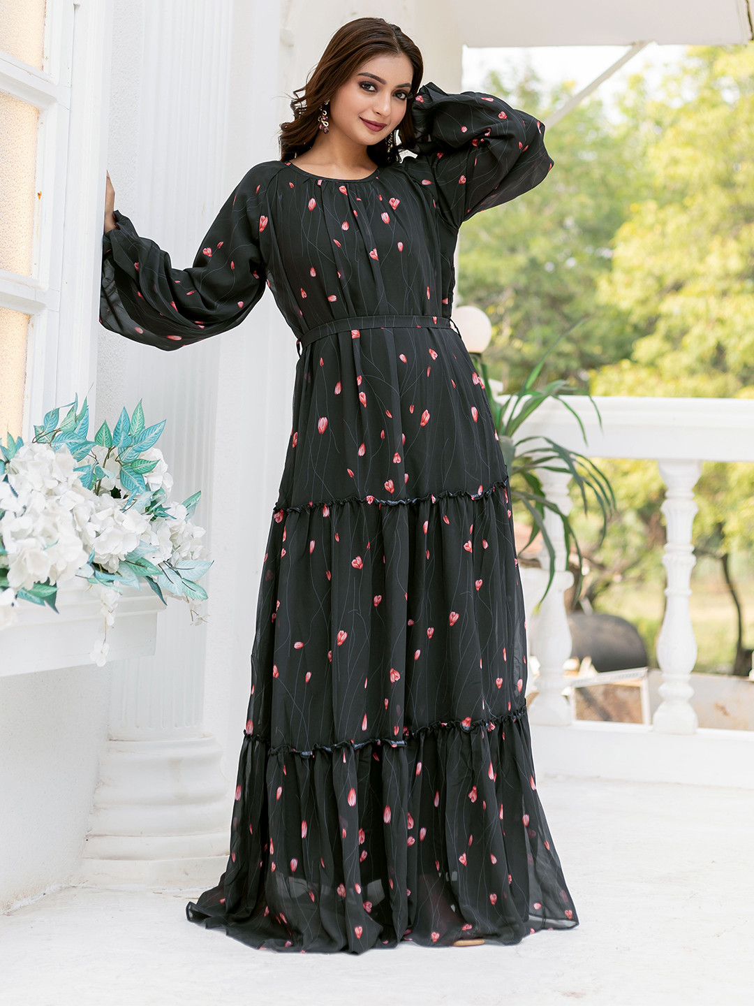 SARINKU Floral Print Puff Sleeve Georgette Maxi Dress