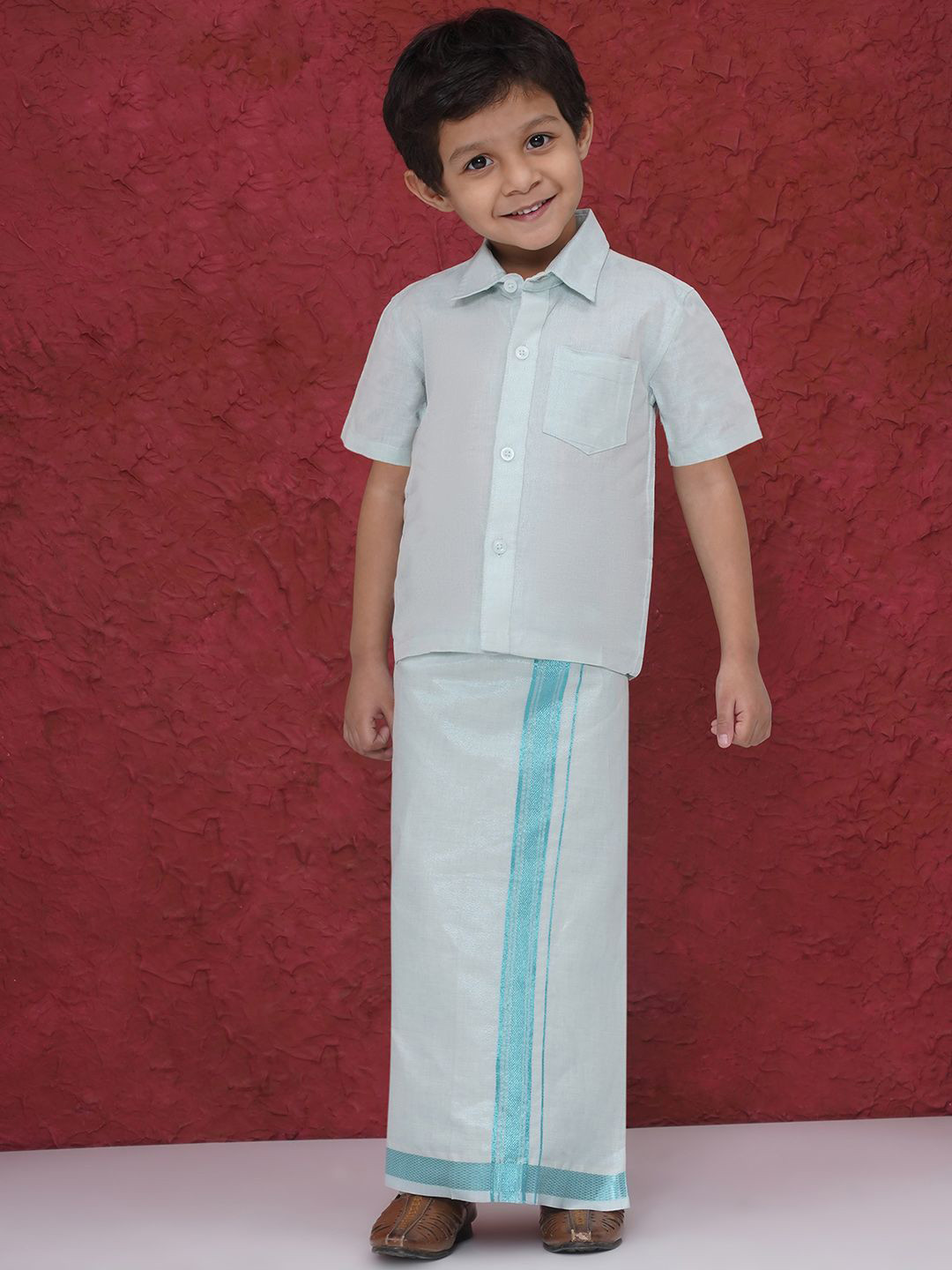 Sethukrishna Boys Short Sleeves Tissue Shirt With Veshti