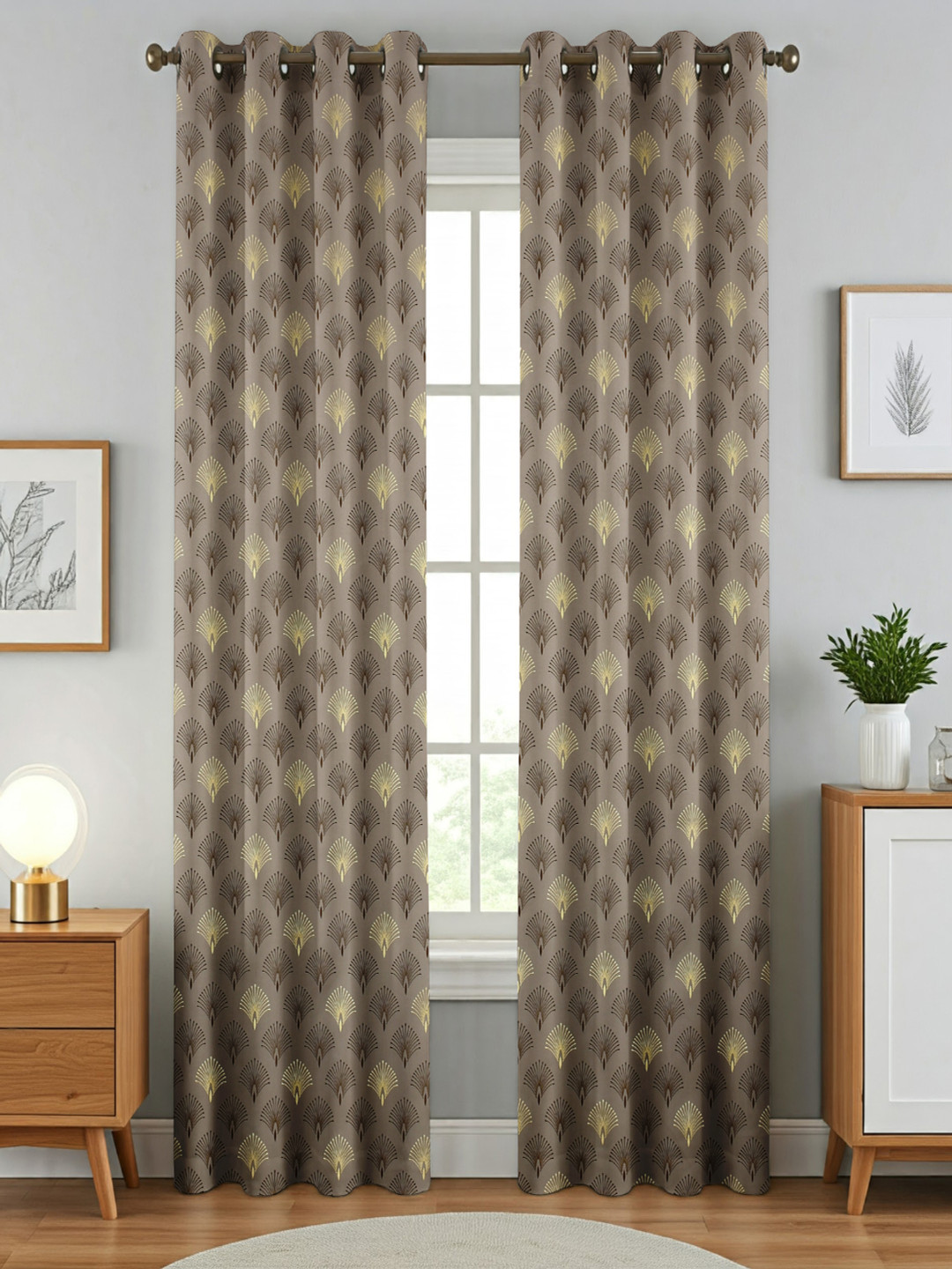 Florida Brown & Gold-Toned 2 Pieces Printed Velvet Black Out Door Curtains