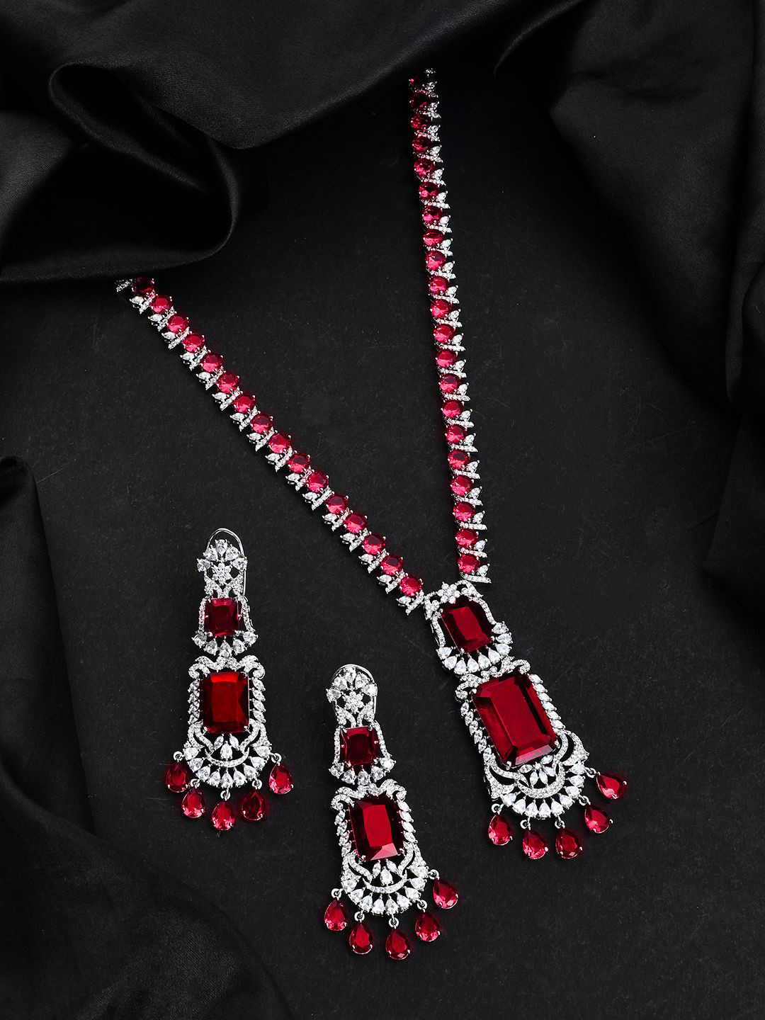 Voylla Sparkling Essentials Scarlet Bliss American Diamond Necklace Set