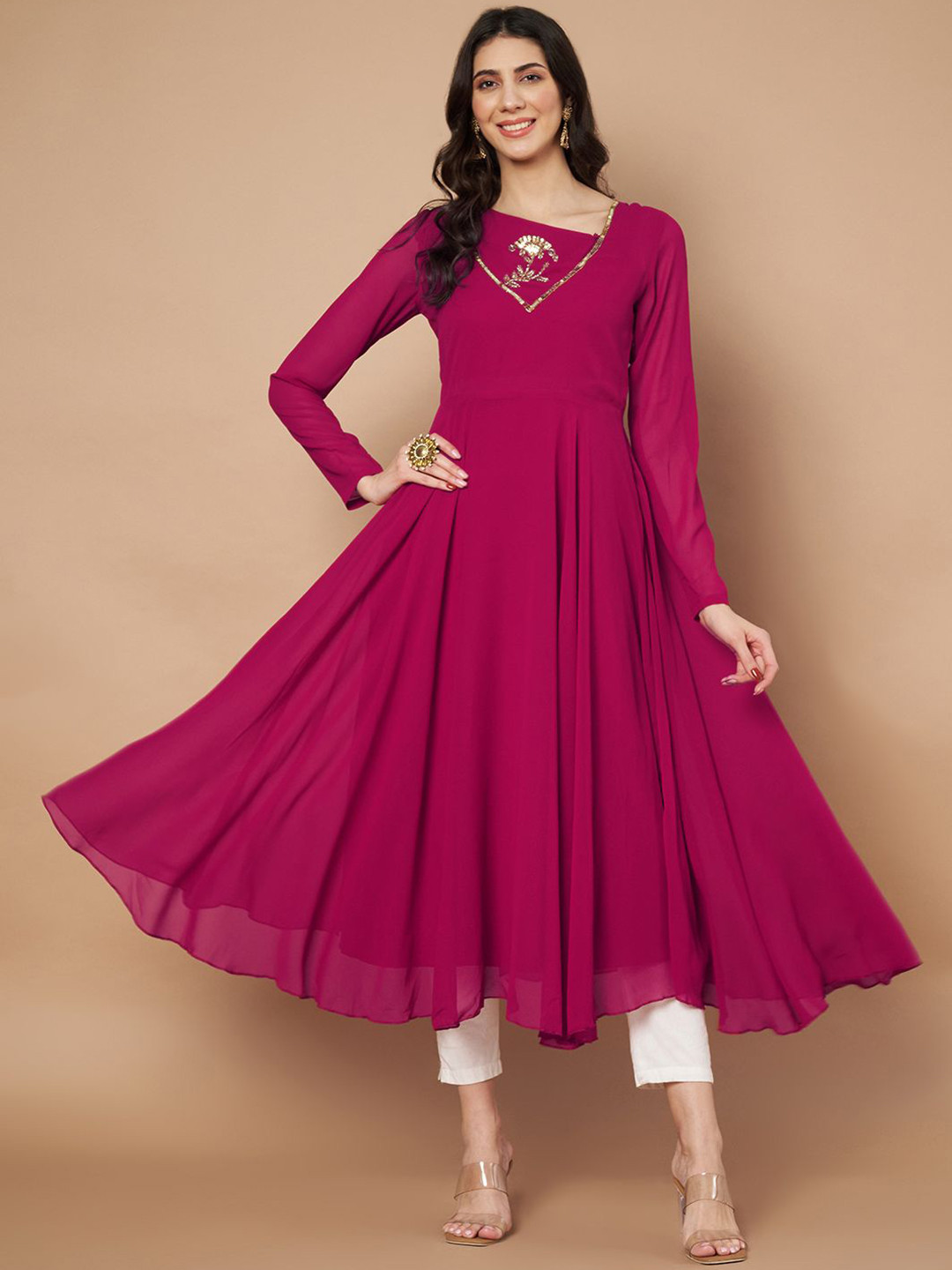 Poshak Hub Floral Embroidered Sequunied Stylised Neck Georgette Anarkali Kurta