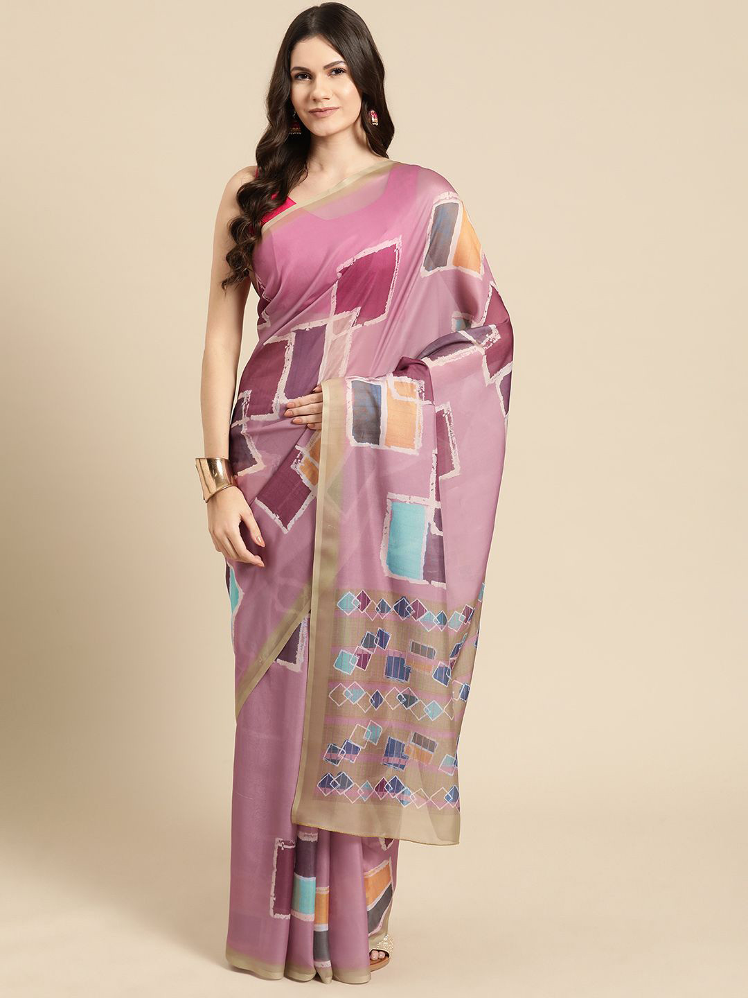 DIVASTRI Soft Silk Digital Printed Color Blocked Saree