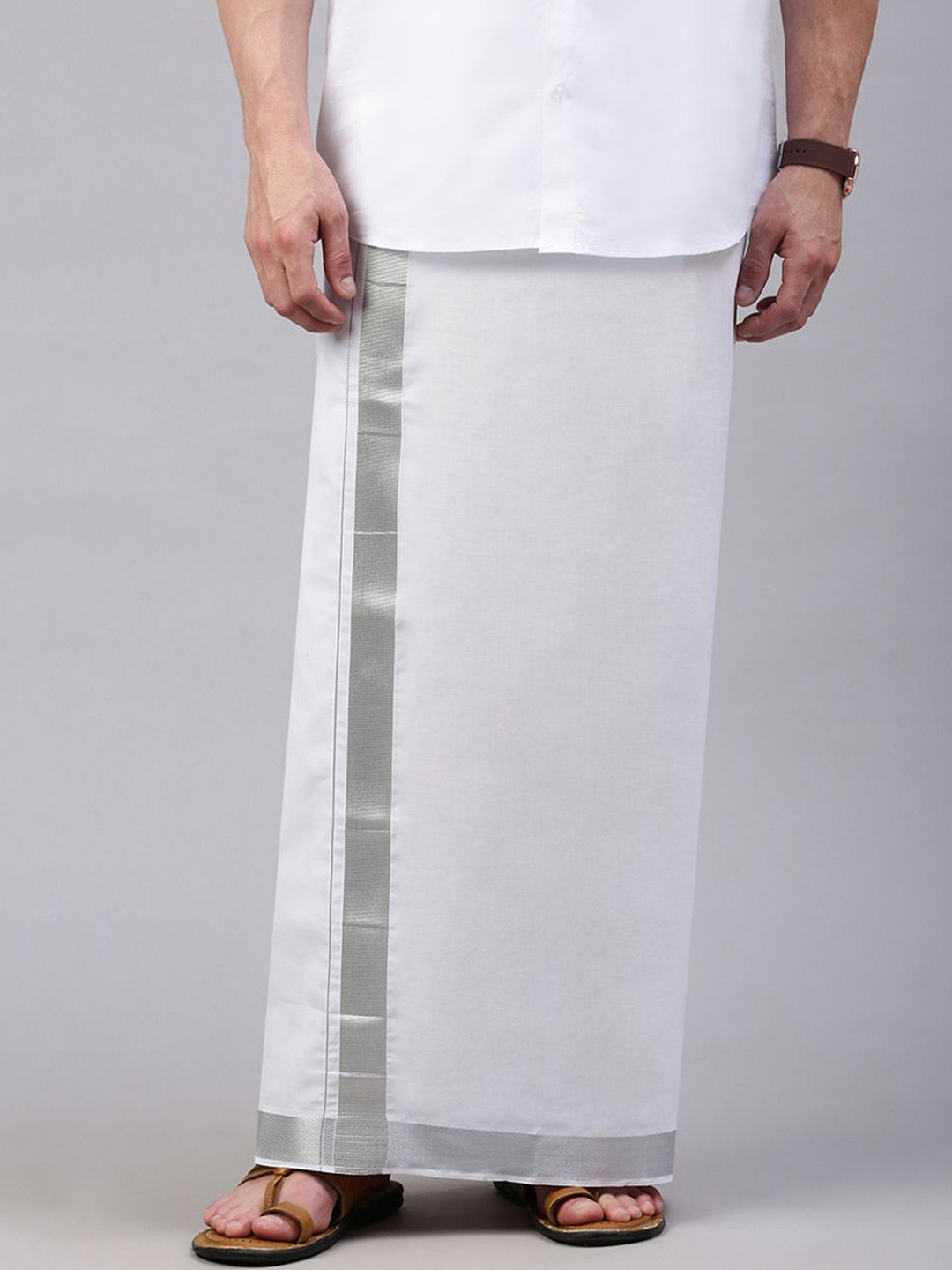 Alaya Men Solid Silver Jari Border Dhoti