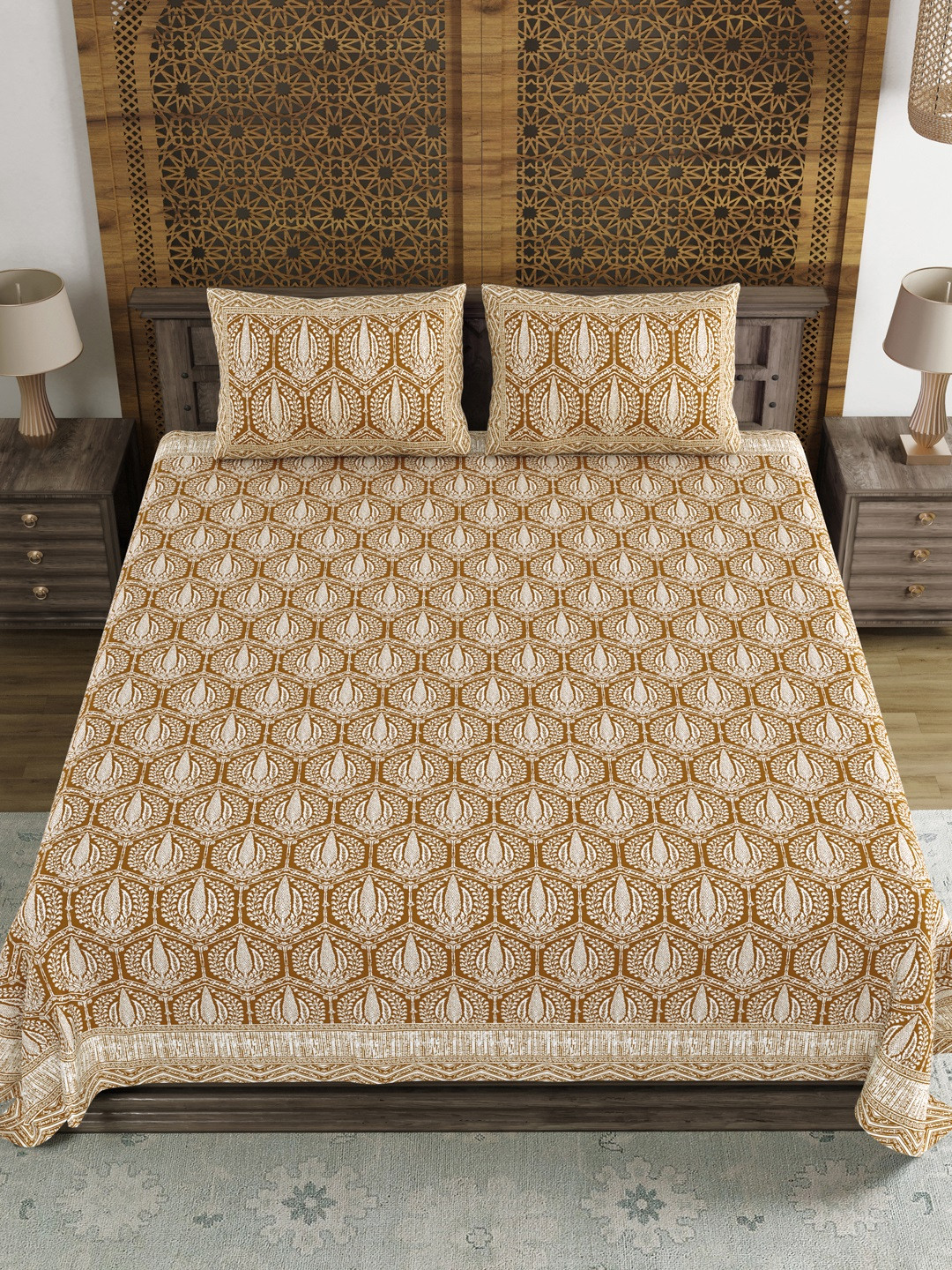 Myntra Elegant Homes Superking Brown Ethnic Motifs Cotton 210 TC King Fine Bedsheet with 2 Pillow Covers-106 x 106 inches