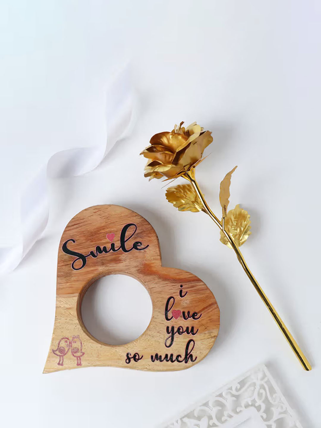 Floweraura Artificial Rose with Love Stand Brown Wood Natural Living Room Set of 2 Tiny Showpieces - 3.9 Inches