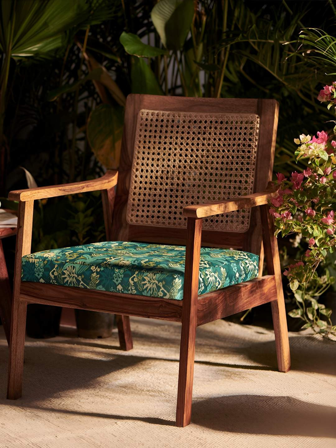 Chumbak Tropical Ikkat Green & Brown French Rattan Arm Chair