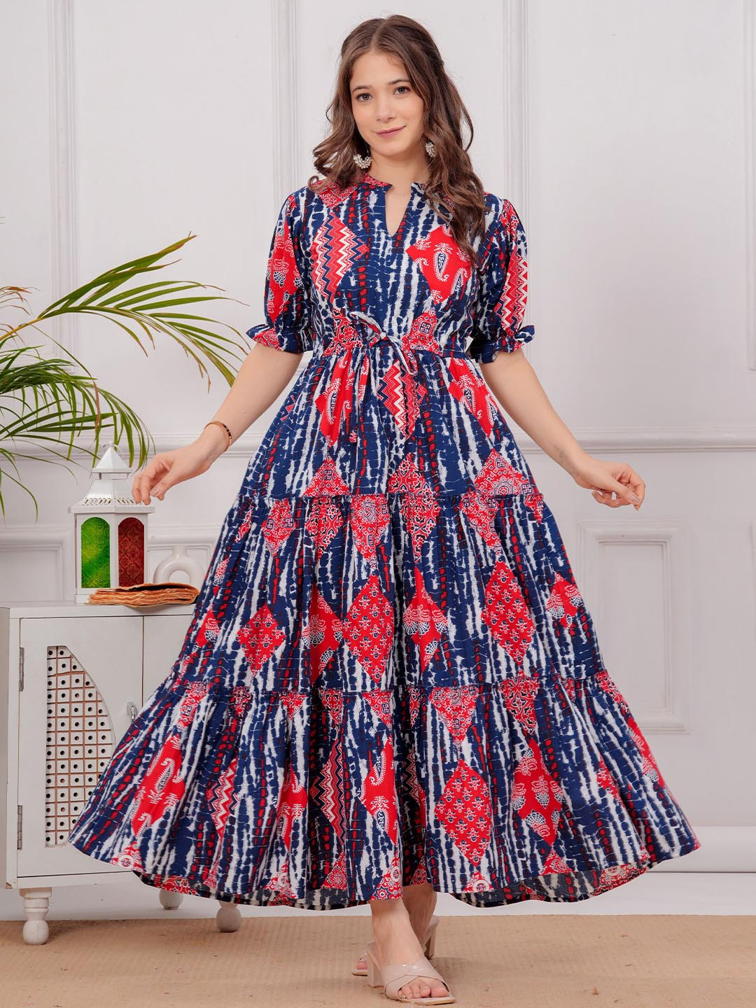 Twirl Tales Ethnic Motifs Print Puff Sleeve Cotton Maxi Dress