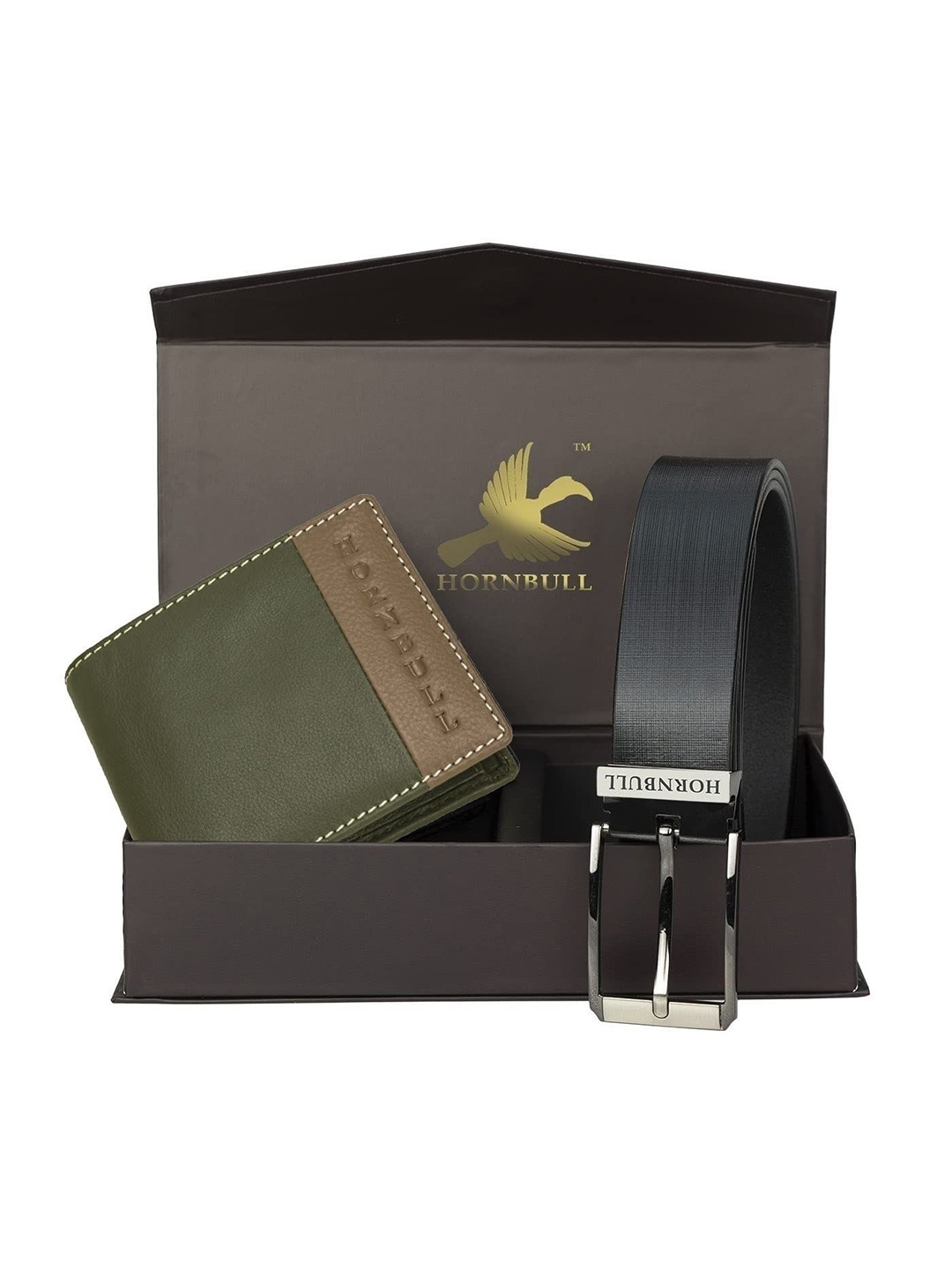 Hornbull Taylor Leather RFID Safety Olive-Mud Wallet & Black Belt Accessory Gift Set