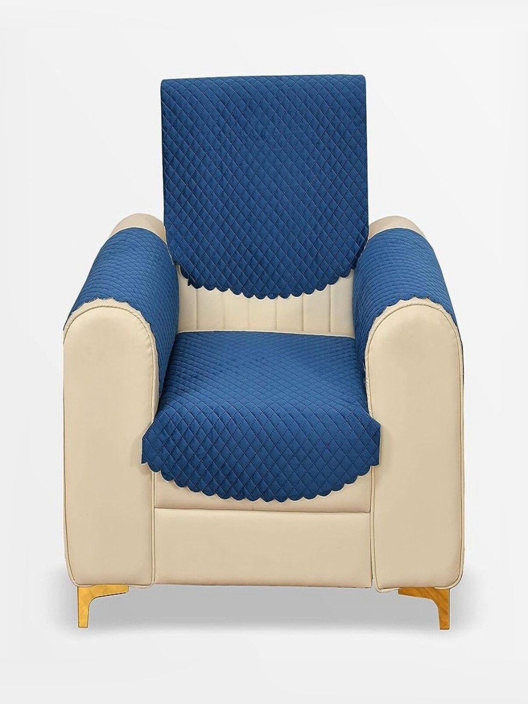 Fashion Throw Navy Blue Checked Velvet Sofa Cover With Arms