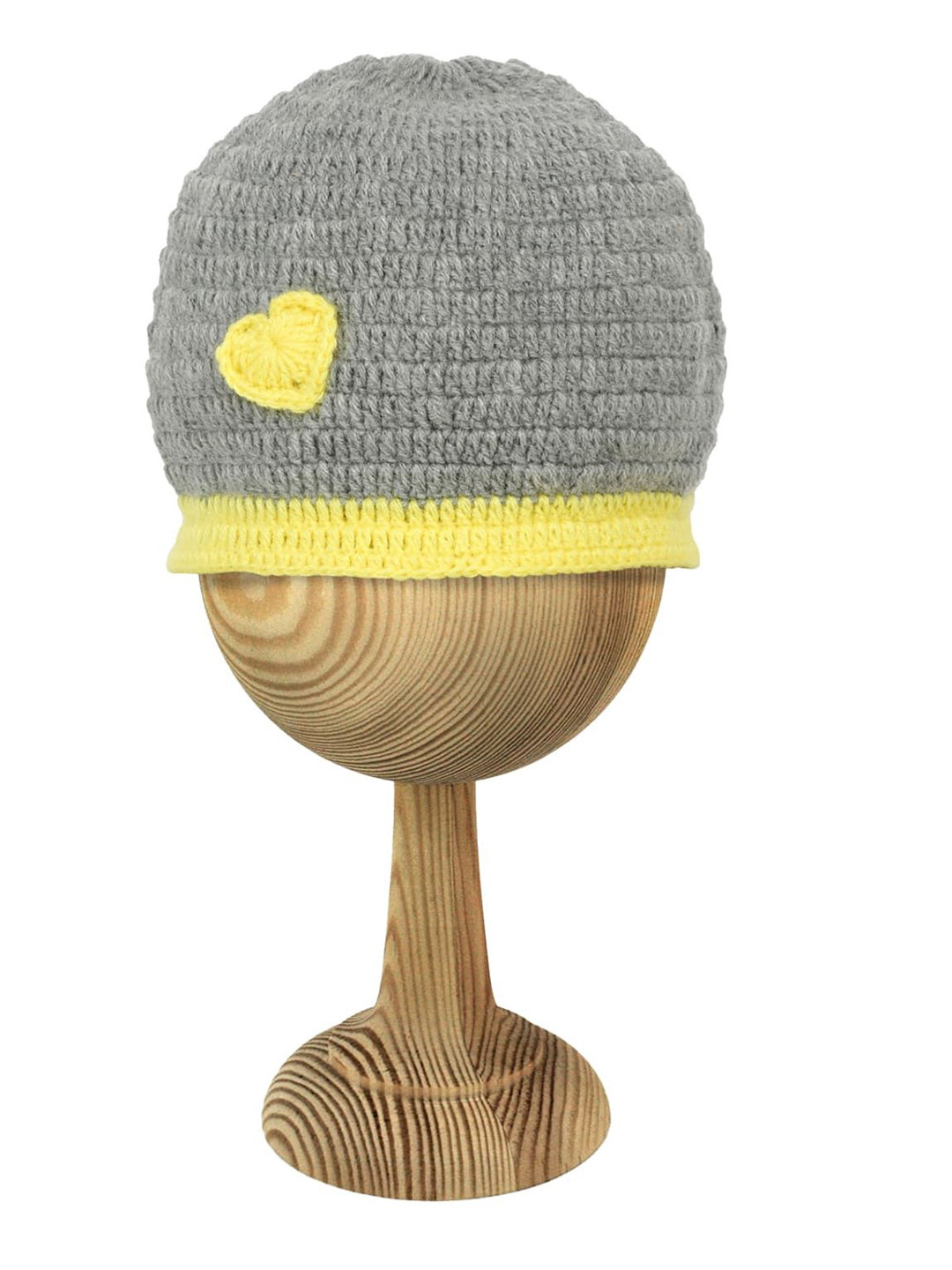 LITTLE GINNIE Kids Grey & Yellow Self Design Heart Crochet Woollen Beanie