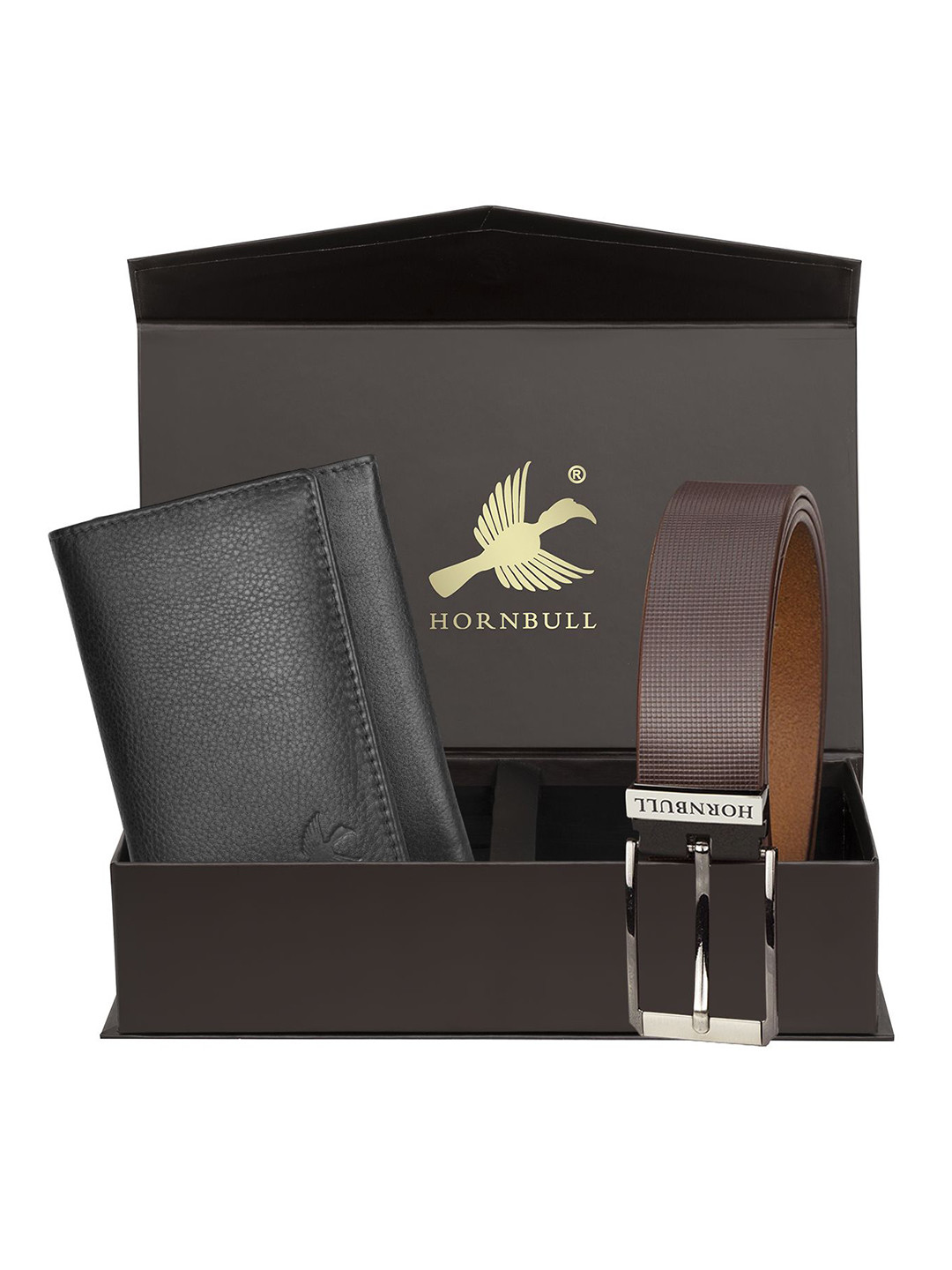 Hornbull Three Fold Leather RFID Safety Black Wallet & Belt Accessory Gift Set
