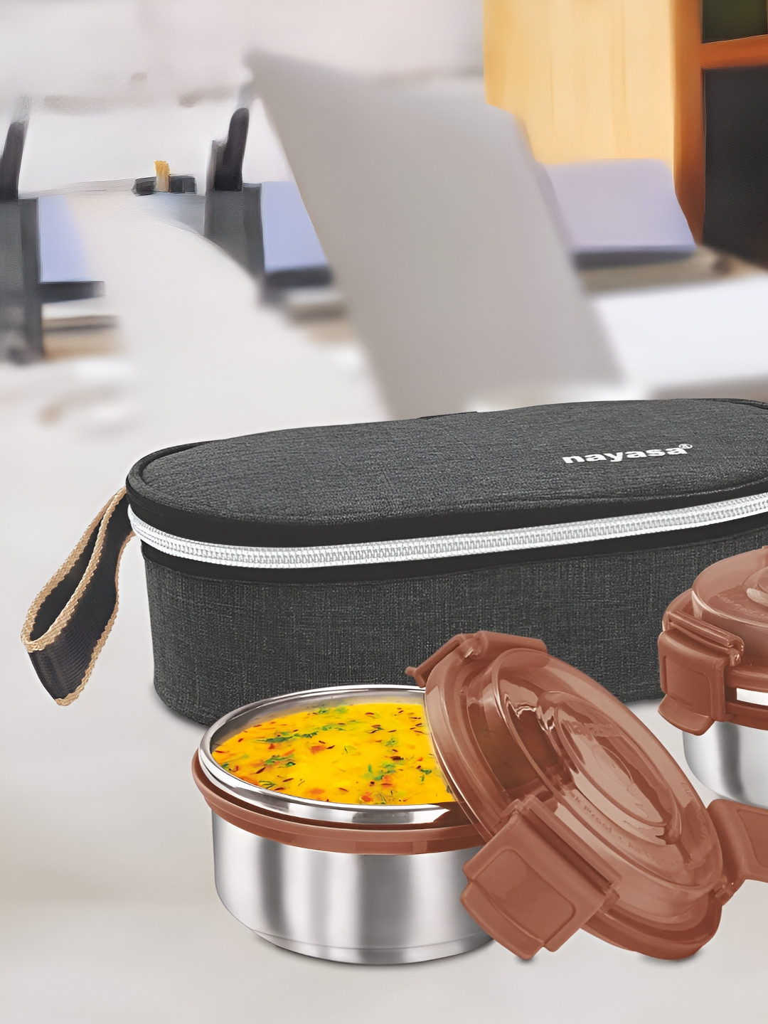 Nayasa Aqua Crunch Airtight Leakproof Stainless Steel 3PCs Lunch Box With Spoon and Fork