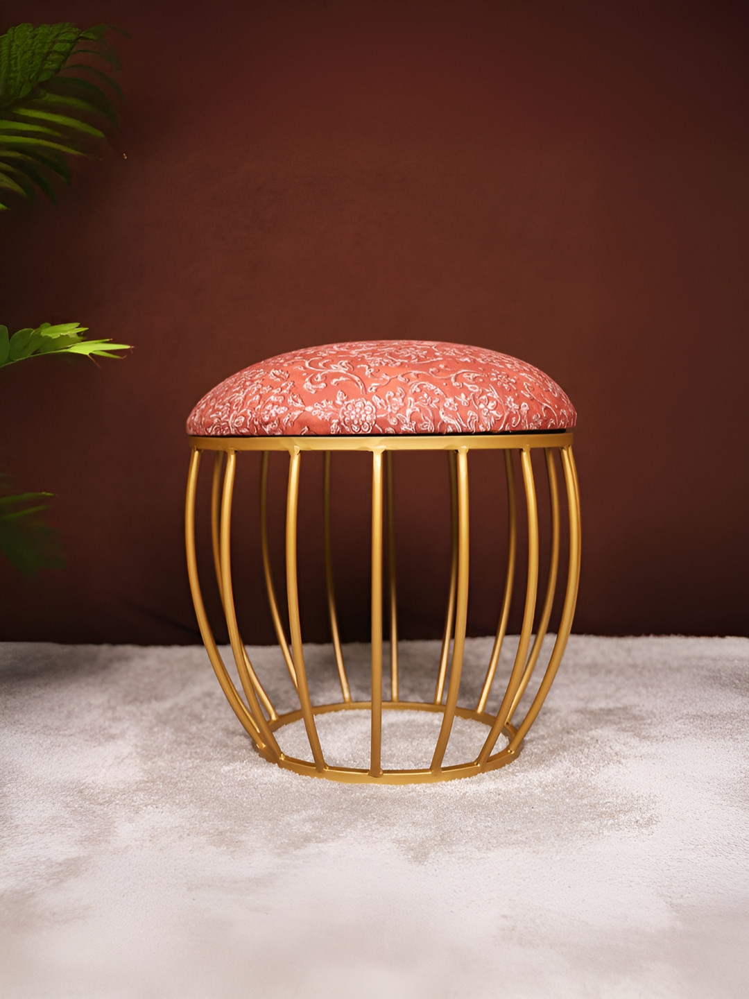 Decoghar Red & White Floral Printed Round Shaped Metallic Stool