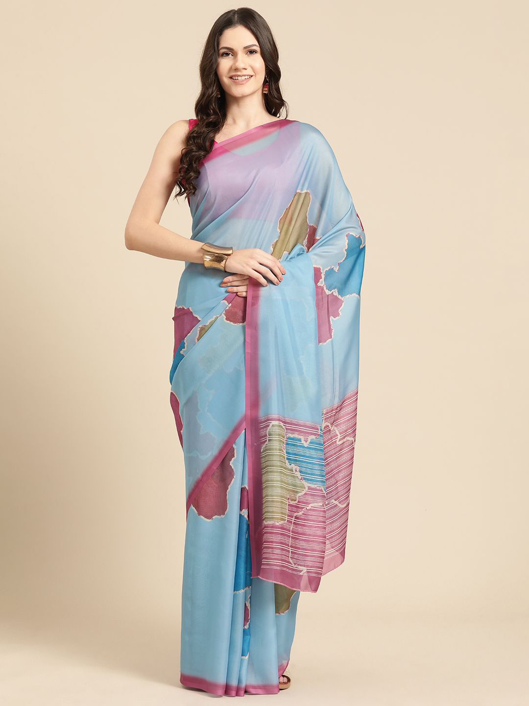 DIVASTRI Soft Silk Digital Printed Colourblocked Saree