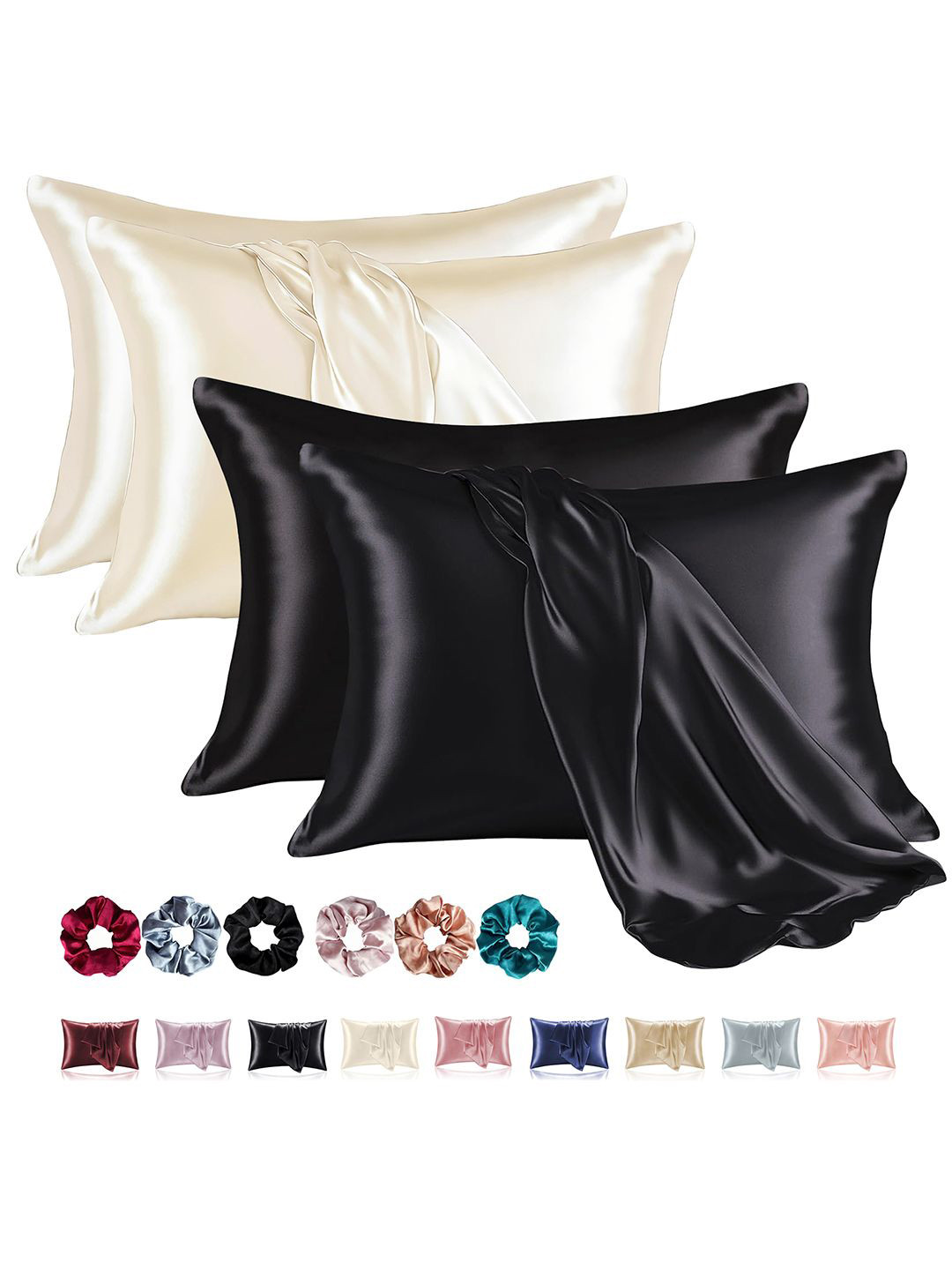 Kuber Industries Black & Off White 4 Pieces Soft Satin Pillow Covers & Scrunchies