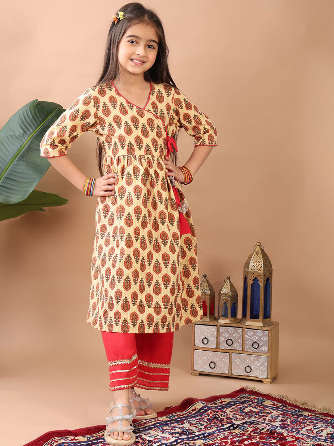 Here&Now X Kinder Kids Girls Ethnic Motifs Printed Angrakha Gotta Patti Pure Cotton Kurti with Palazzos