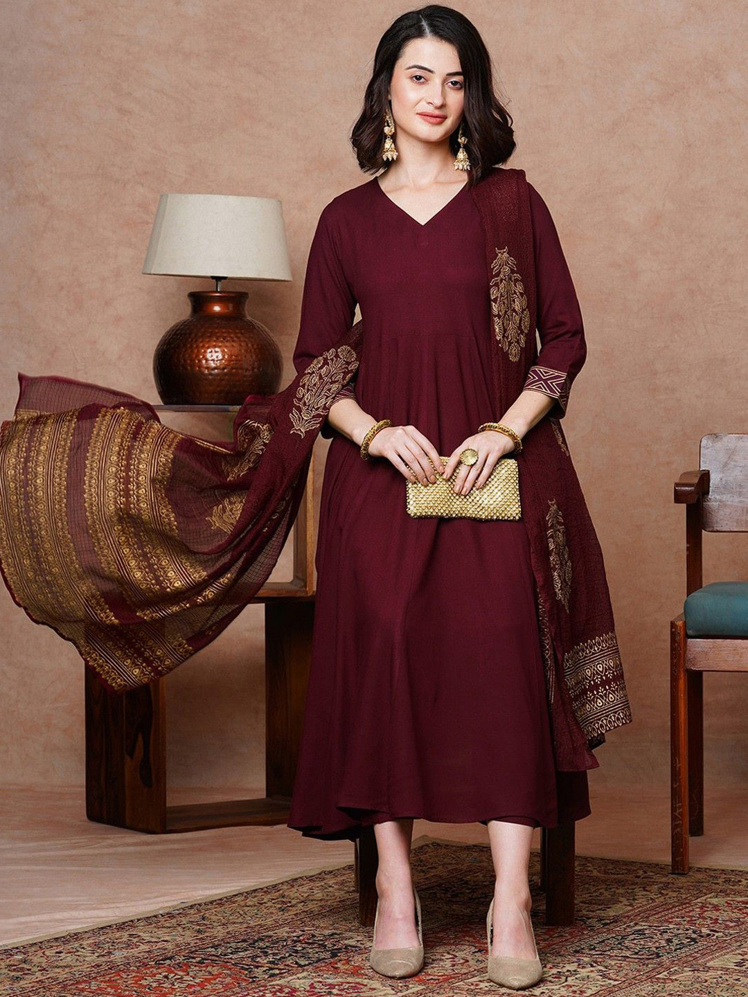 DIVASTRI V-Neck Pleated Anarkali Kurta With Trousers & Dupatta