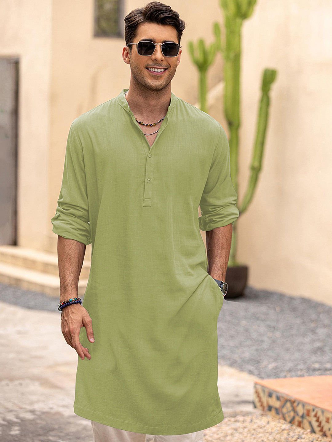 Anouk Green Band Collar Roll-Up Sleeve Straight Kurta