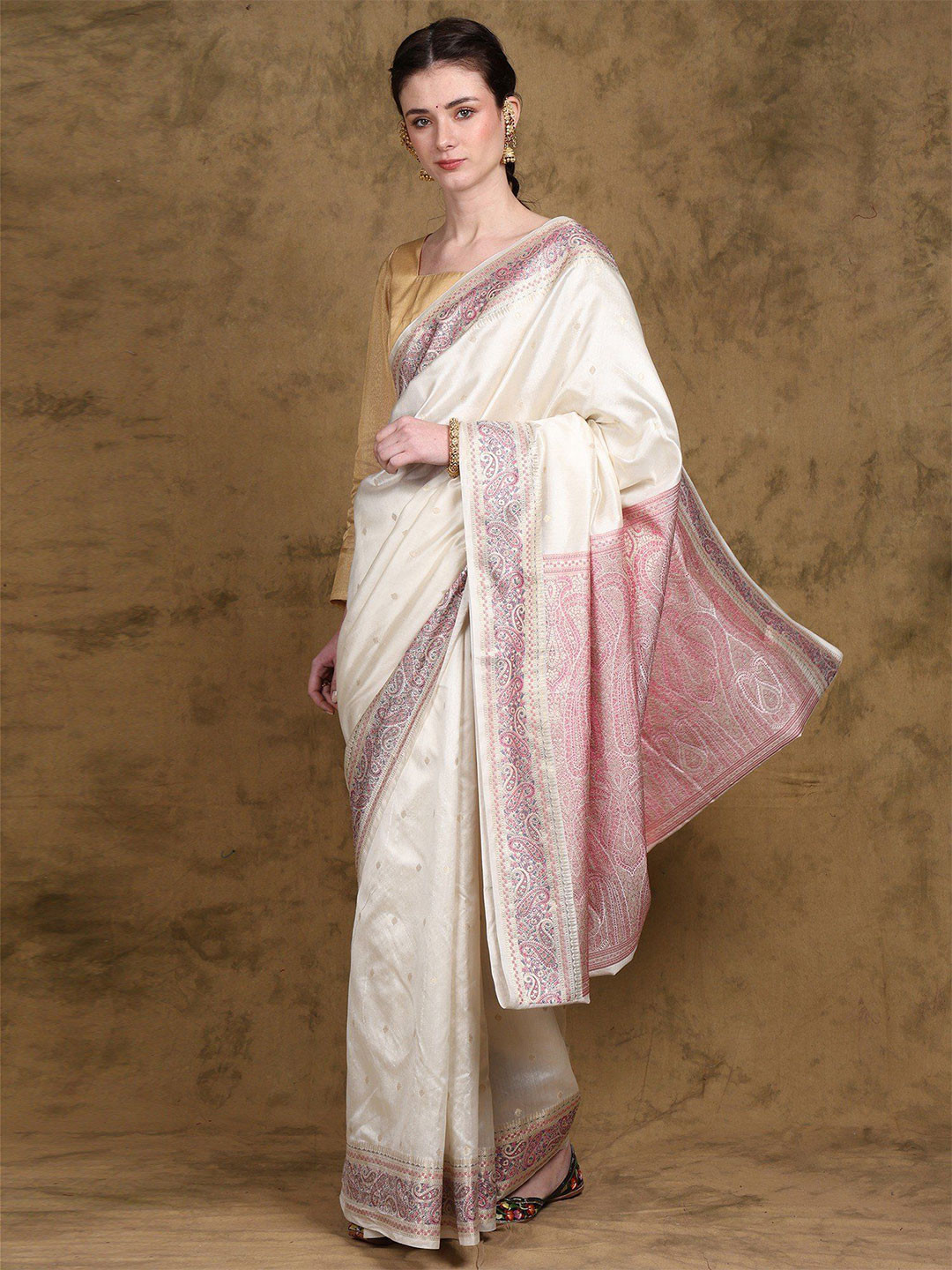 Exotic India Cannoli Cream Banarasi Katan Silk Paisley Woven Saree with Zari work