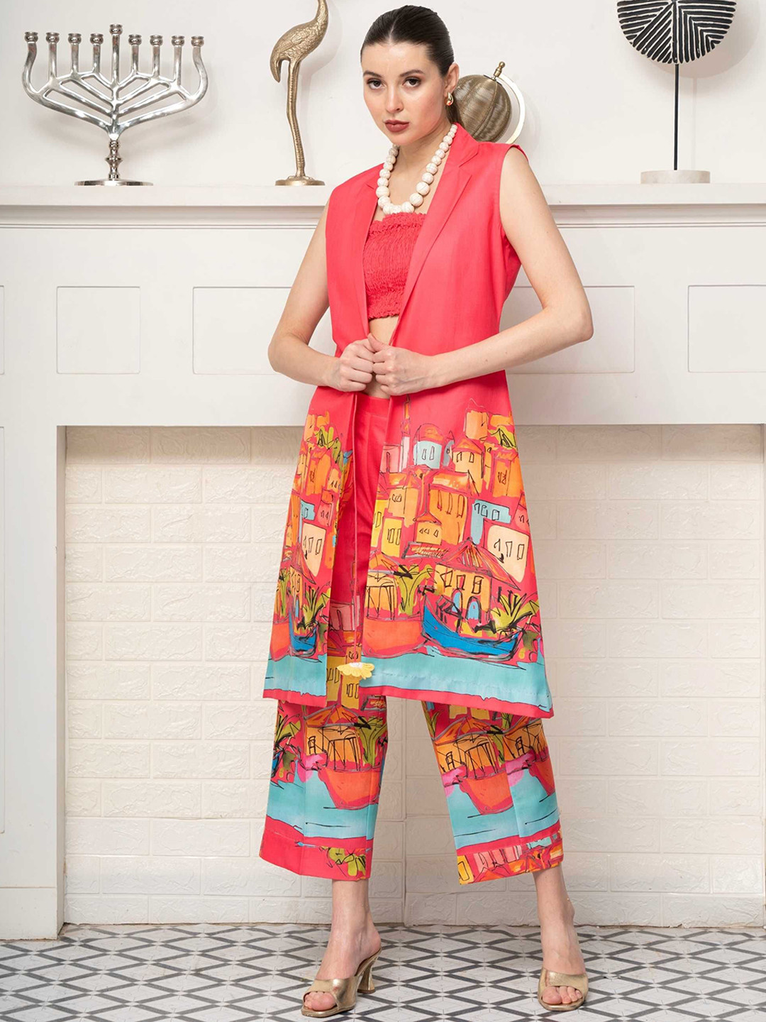 ALLUREARMOIRE Printed Top & Trousers Co-Ord Set with Shrug