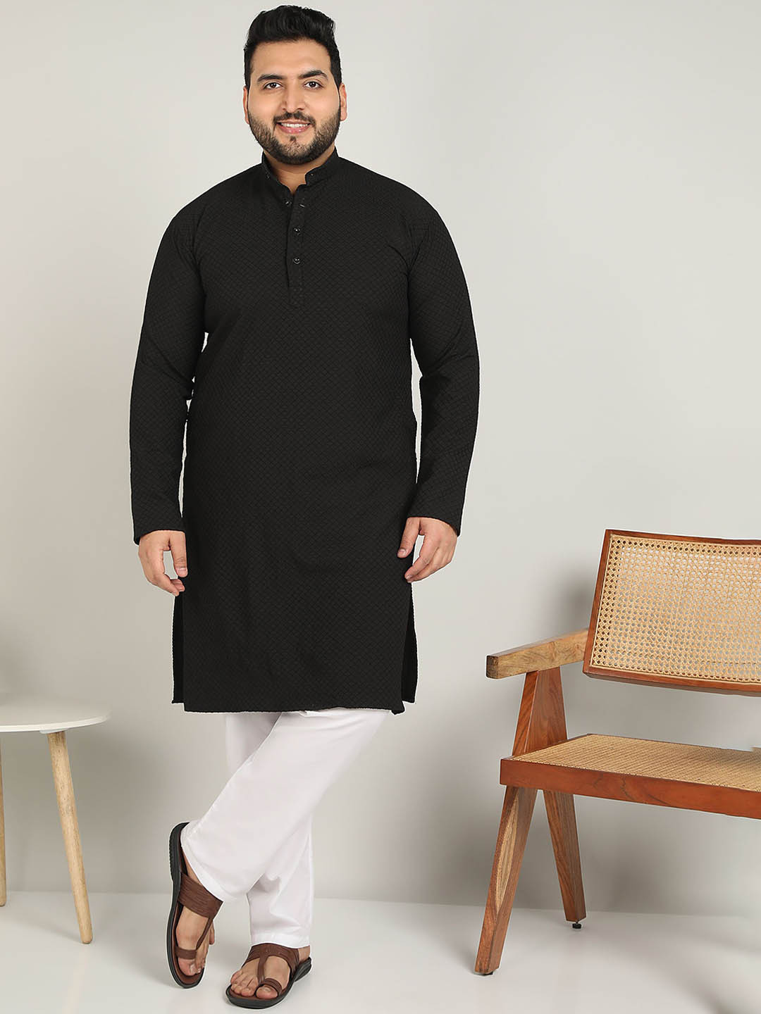 ADWYN PETER  Plus Size Geometric Printed Mandarin Collar Pure Cotton Straight Kurta