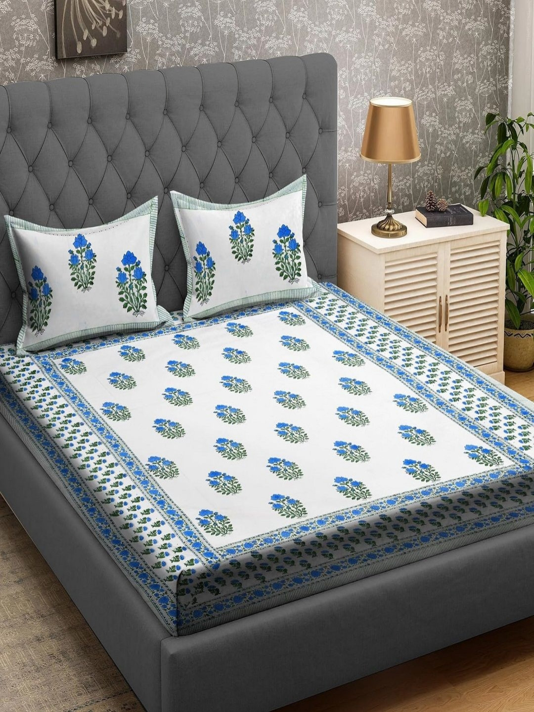 Myntra Elegant Homes Rr Creations Blue Floral Cotton 400 TC King Superfine Bedsheet with 2 Pillow Covers-90 x 108 inches
