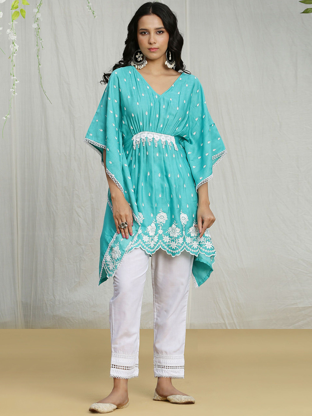 SEW Women Embroidered V-Neck Flared Sleeves Thread Work Kaftan Kurti