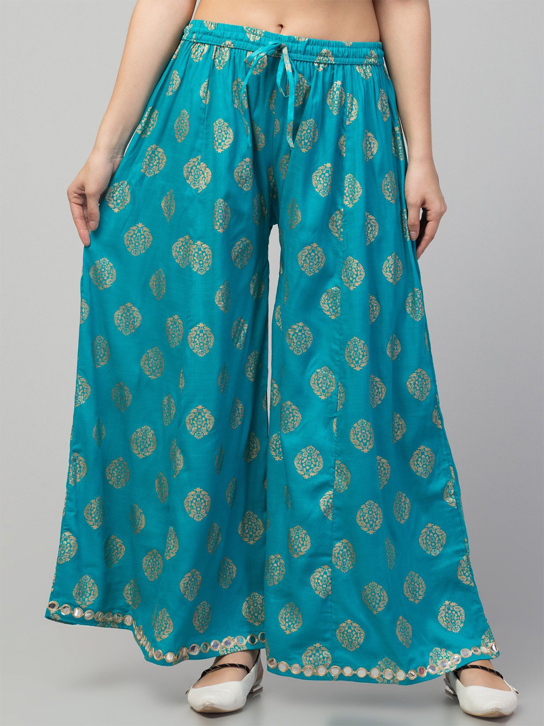 FAMBEE Women Floral Printed Flared Knitted Palazzos