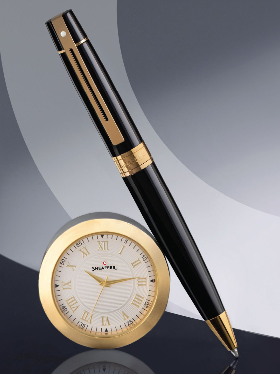 Sheaffer Black with Gold Trim G9325 Ballpoint Pen with Table Clock Gift Set