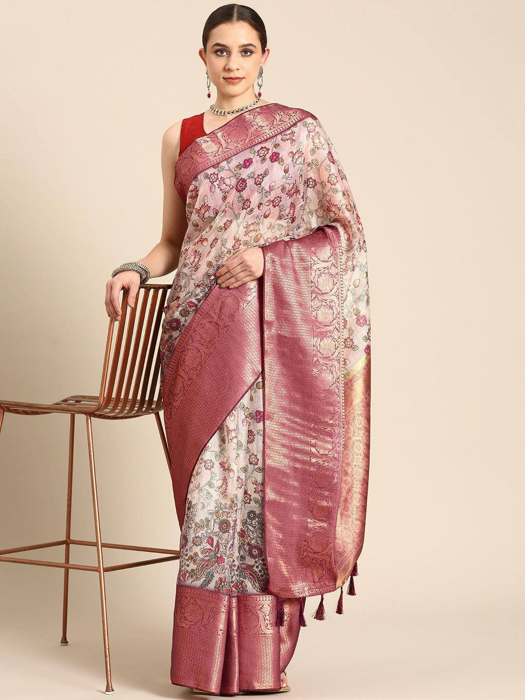 DIVASTRI Pichwai Munga Checks Digital Printed Silk Saree with Woven Pallu & Border