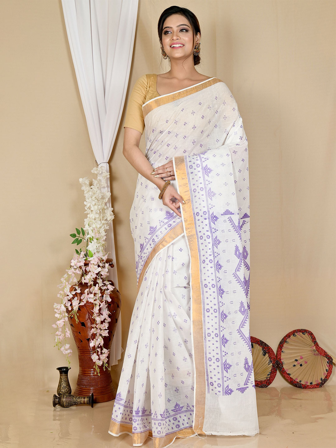 PuJoy Pure Cotton Ekta Print Traditional Bengali Taant Saree