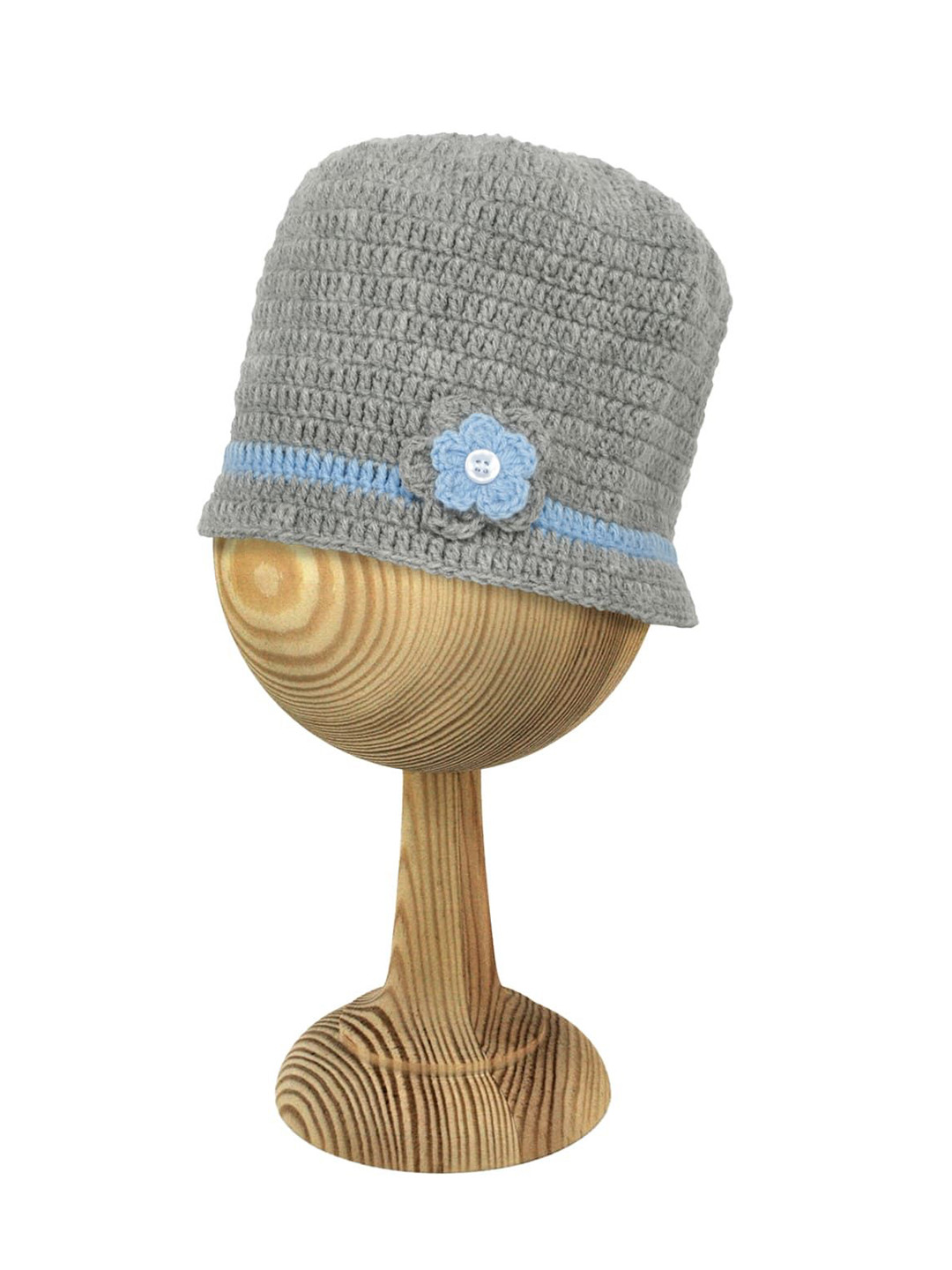 LITTLE GINNIE Kids Grey & Blue Floral Crochet Woollen Beanie