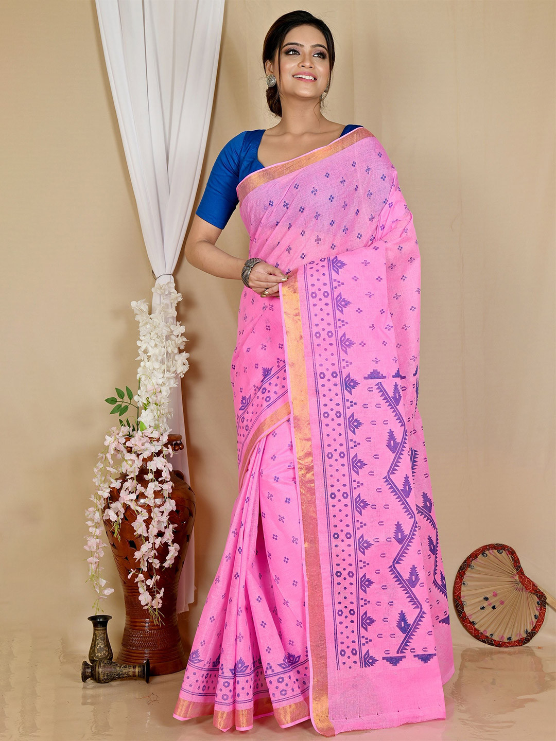 PuJoy Woven Design Pure Cotton Handloom Taant Saree