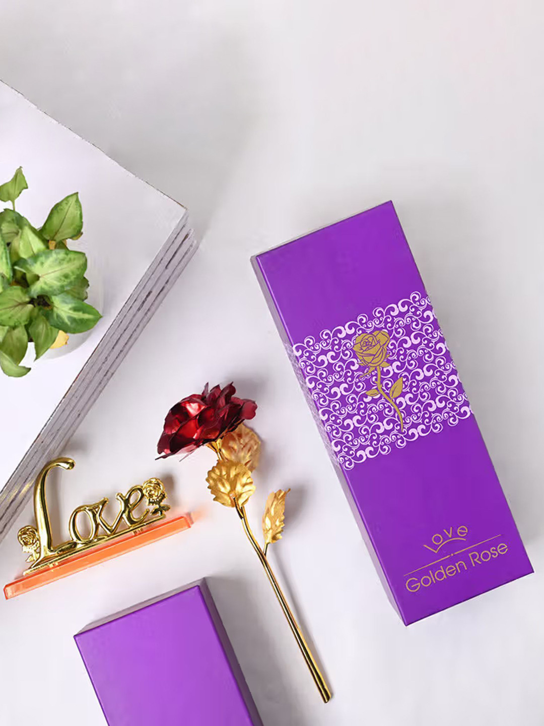 Floweraura Artificial Red Rose with Love Stand Gold Paper Natural Living Room Set of 2 Medium Showpieces - 3.9 Inches