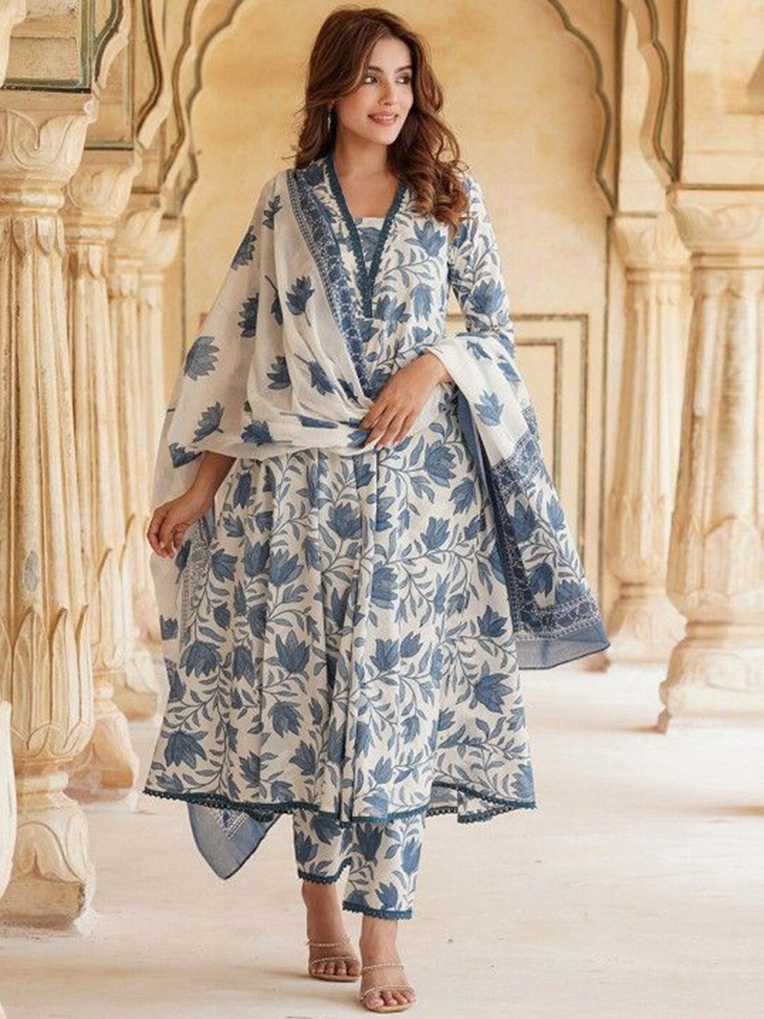 GEKHA Floral Printed V-Neck Pure Cotton Anarkali Kurta With Trousers And Dupatta