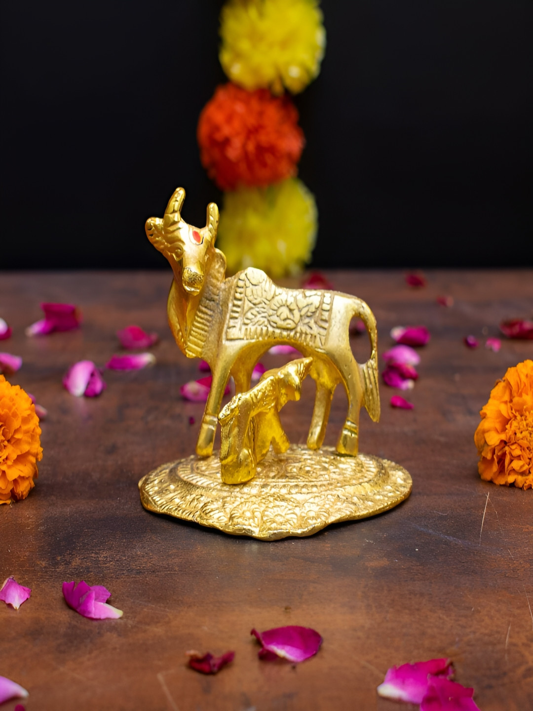 Craftlayout Cow and Calf Gold Metal Metallic Prayer Room Hand-Crafted Small Showpiece - 3.5 Inches