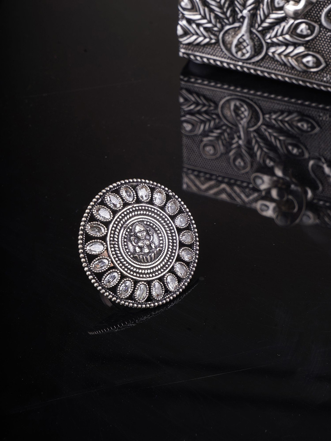 Sangria Silver-Plated Turquoise Round Adjustable Antique Finger Ring