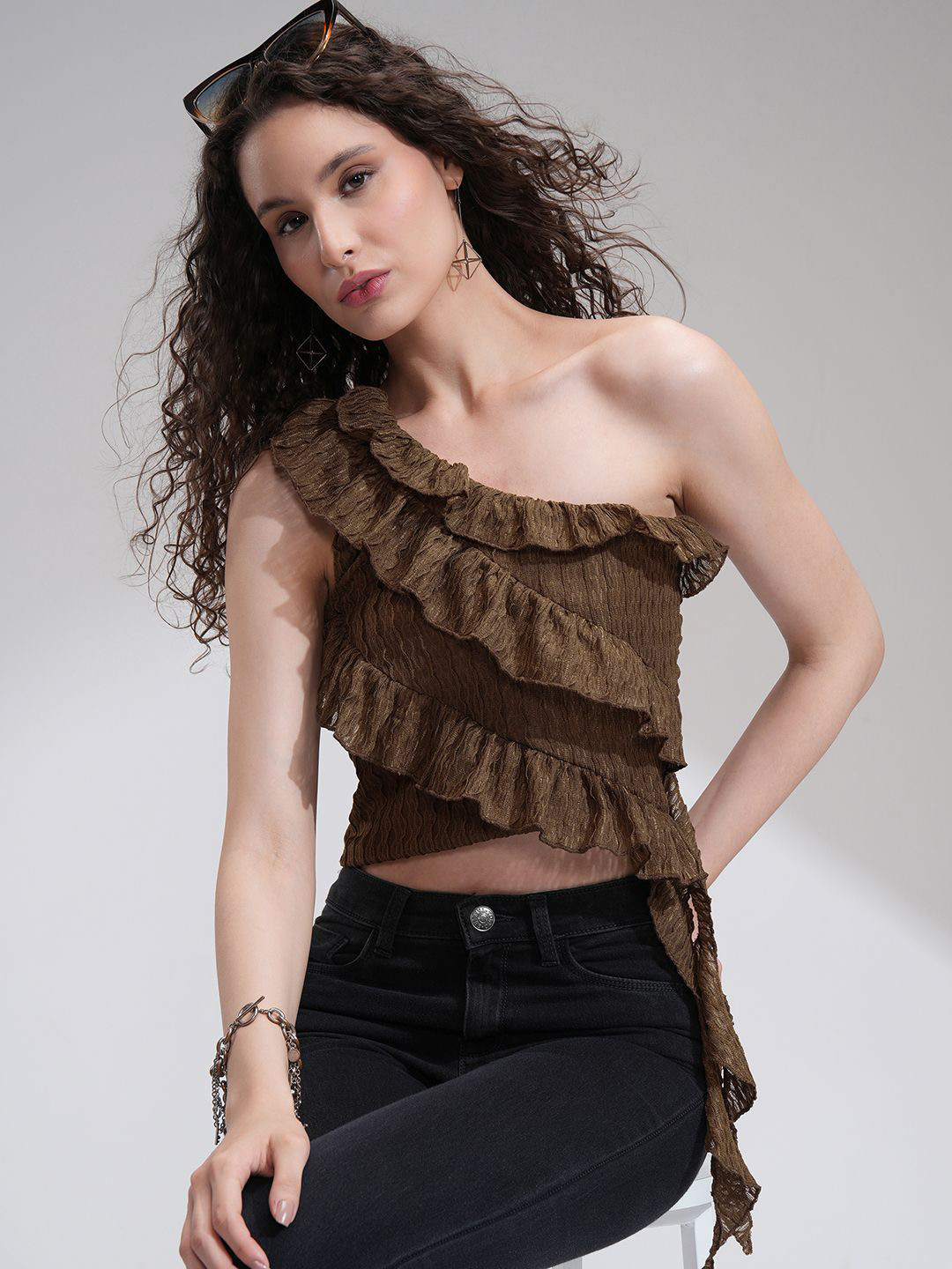 Tokyo Talkies Women One Shoulder Ruffle Top