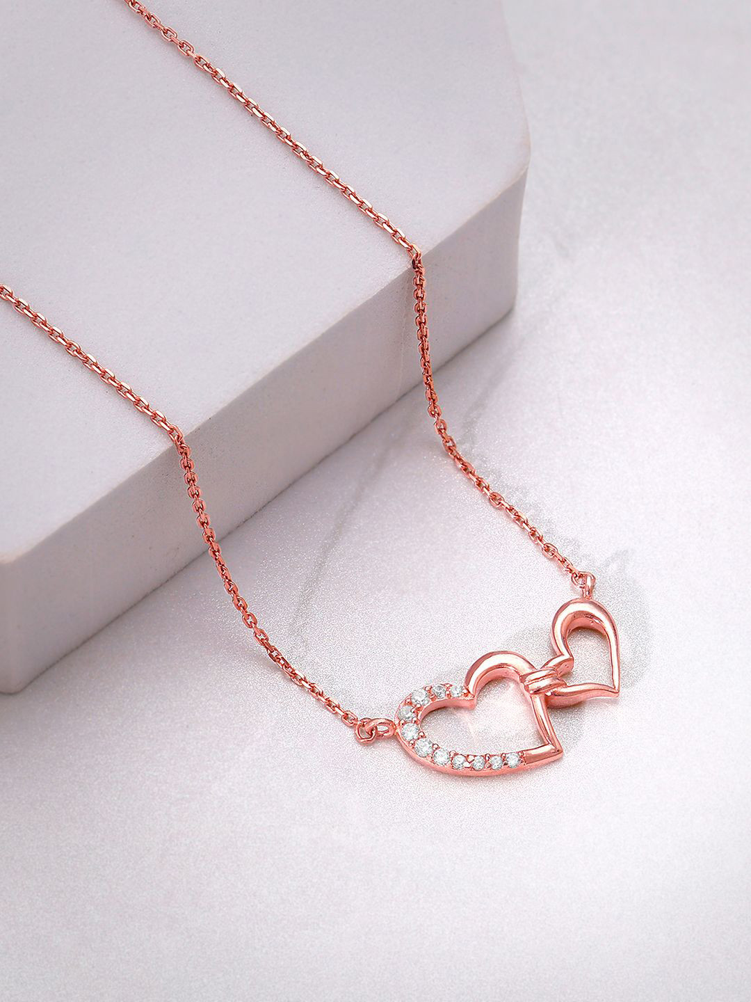 GIVA 925 Sterling Silver Rose Gold-Plated Stone-Studded Heart-Shaped Necklace