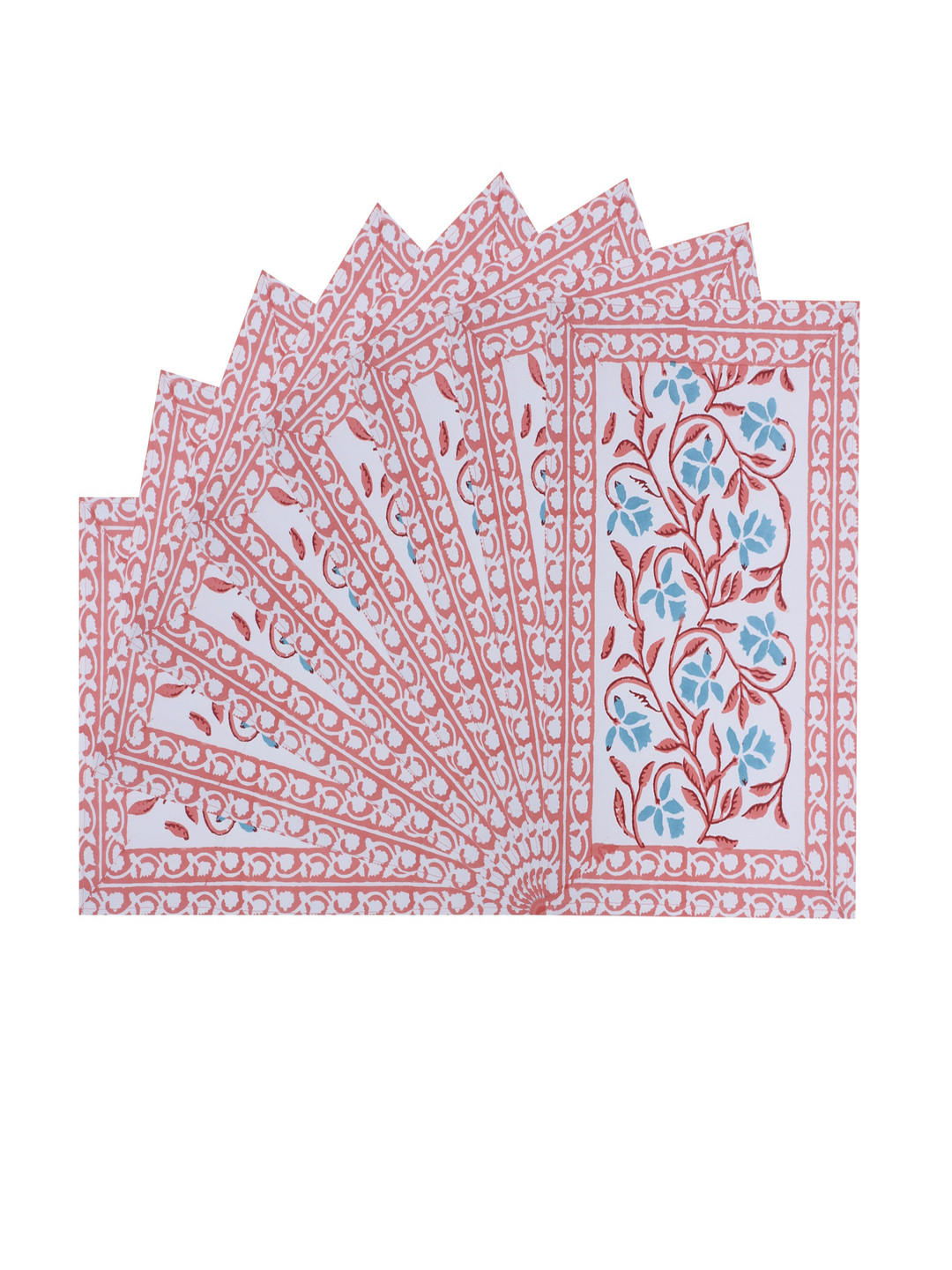 Texstylers Peach-Color & White 8 Pieces Floral Printed Cotton Table Placemats