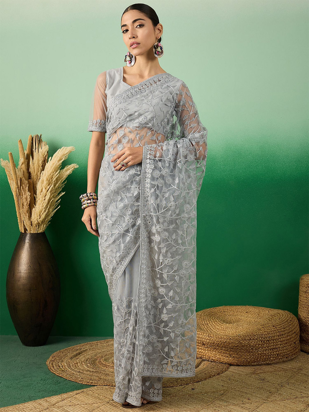 DEVATITHI Embellished Grey Net Saree