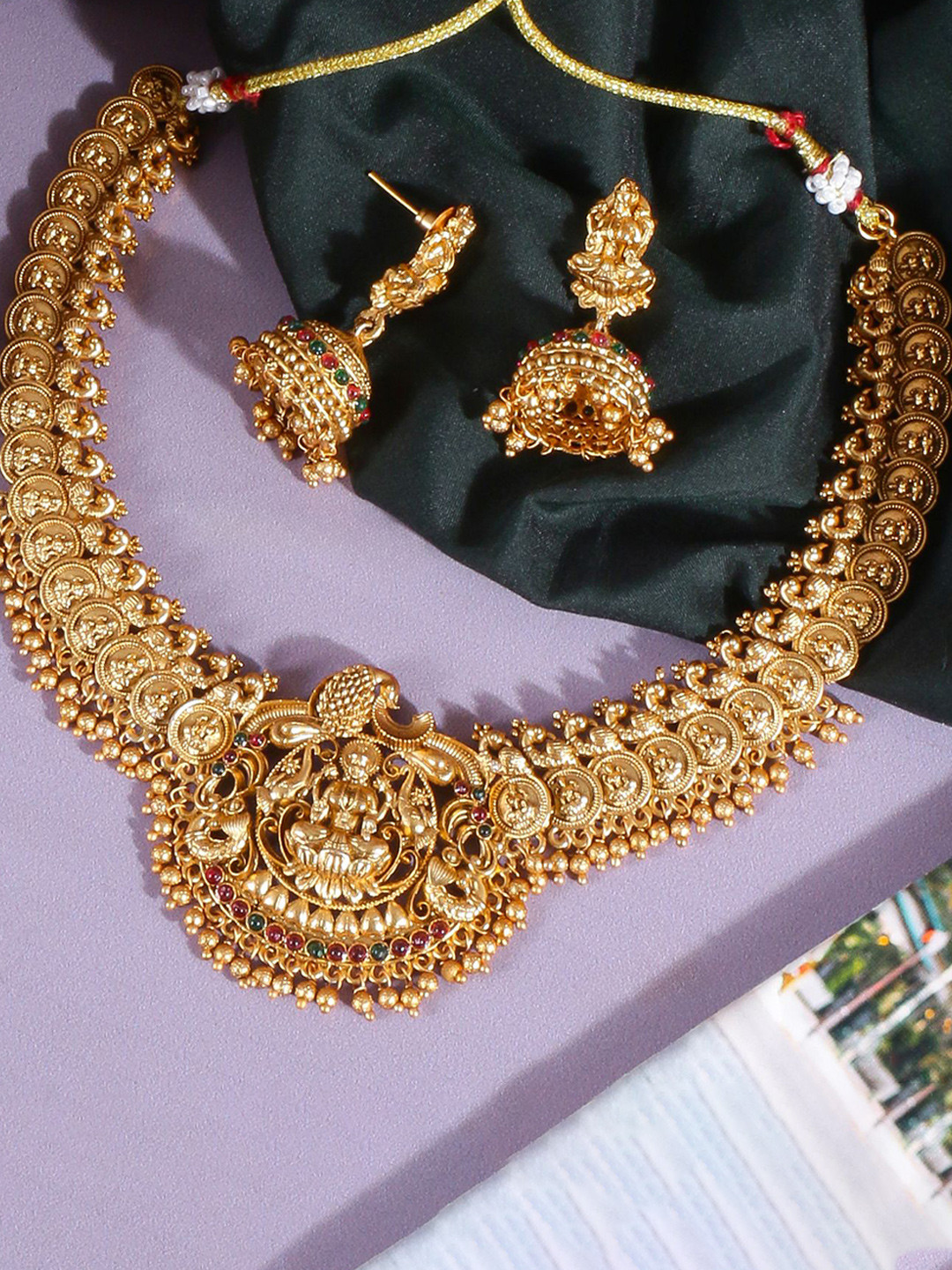 JANAVI Gold-Plated Artificial Stone-Studded And Beaded Temple Jewellery Set