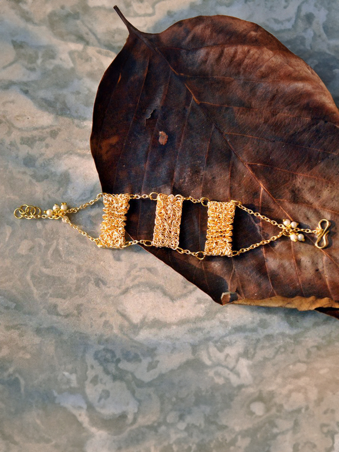 BeAbhika Women Gold-Plated Pearls Beaded Triple Mesh Bars Link Bracelet