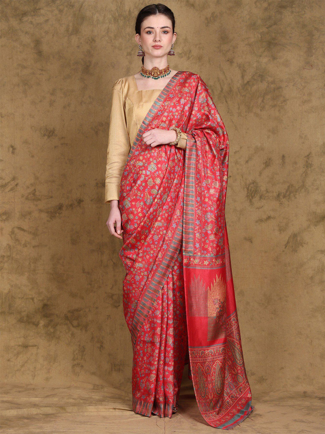 Exotic India Kani Saree with Printed Multicolor Floral Paisley Vines